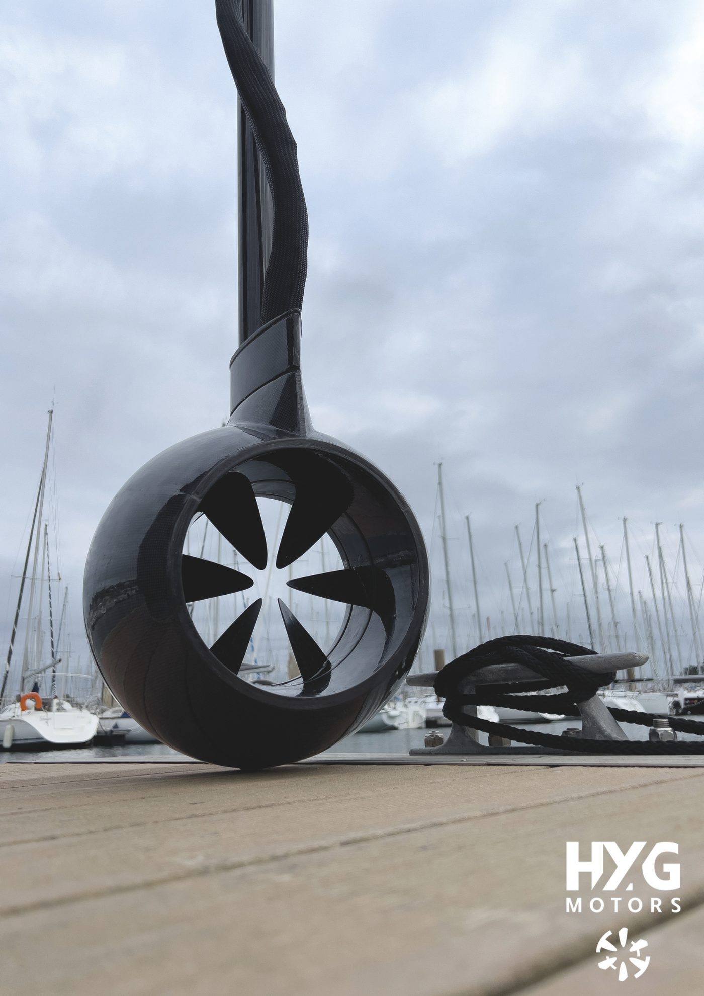 Hy.G Motors RIM electric thruster standing on a marina pontoon
